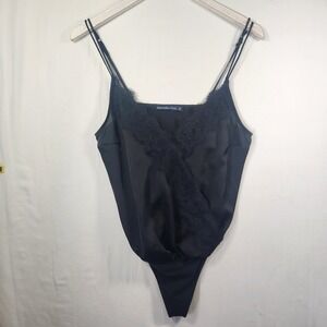 Abercrombie & Fitch Black Satin Lace Trim Surplice Bodysuit Small